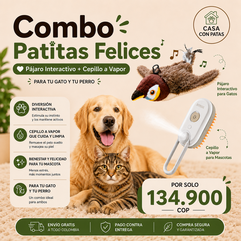 COMBO "PATITAS FELICES": Pajaro interactivo + Cepillo a vapor
